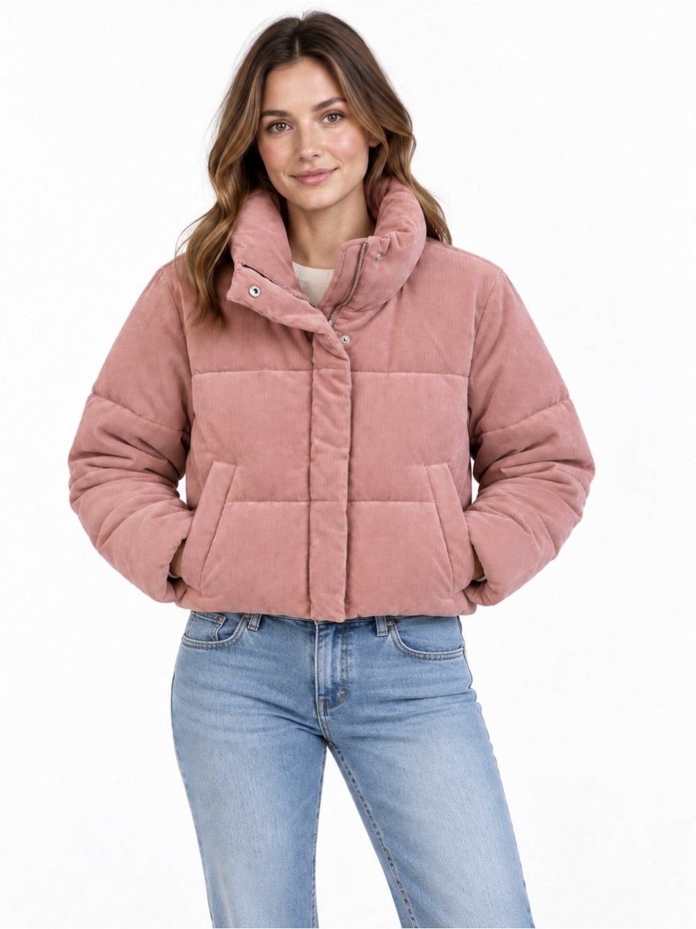 Levi’s Women’s Small Pink Corduroy Puffer Jacket High Collar Quilted Coat